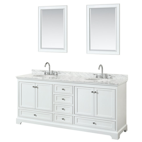 Wyndham WCS202080DWHCMUNOM24 Deborah 80 Inch Double Bathroom Vanity in White, White Carrara Marble Countertop, Undermount Oval Sinks, and 24 Inch Mirrors