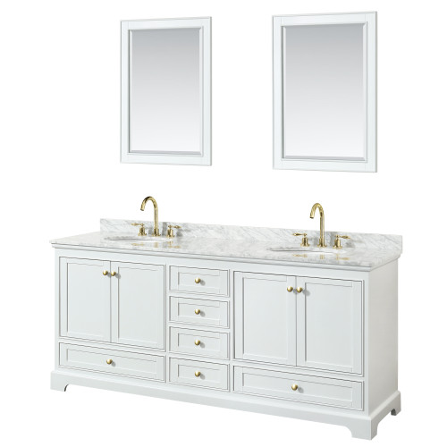 Wyndham WCS202080DWGCMUNOM24 Deborah 80 Inch Double Bathroom Vanity in White, White Carrara Marble Countertop, Undermount Oval Sinks, Brushed Gold Trim, 24 Inch Mirrors Wyndham WCS202080DWGCMUNOM24 Deborah 80 Inch Double Bathroom Vanity in White, White Carrara Marble Countertop, Undermount Oval Sinks, Brushed Gold Trim, 24 Inch Mirrors