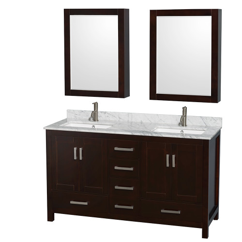 Wyndham WCS141460DESCMUNSMED Sheffield 60 Inch Double Bathroom Vanity in Espresso, White Carrara Marble Countertop, Undermount Square Sinks, and Medicine Cabinets