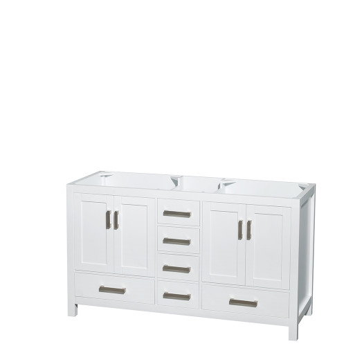 Wyndham  WCS141460DWHCMUNOMED Sheffield 60 Inch Double Bathroom Vanity in White, White Carrara Marble Countertop, Undermount Oval Sinks, and Medicine Cabinets