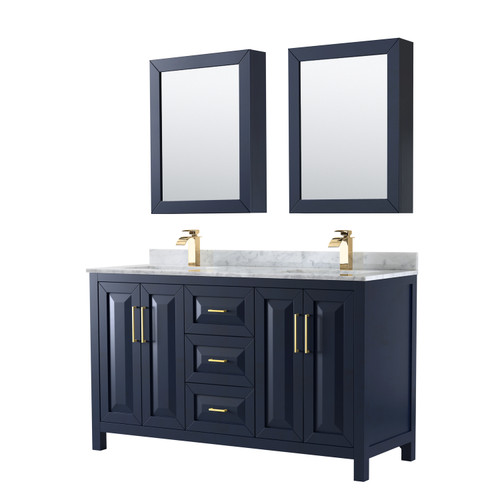 Wyndham WCV252560DBLCMUNSMED Daria 60 Inch Double Bathroom Vanity in Dark Blue, White Carrara Marble Countertop, Undermount Square Sinks, Medicine Cabinets