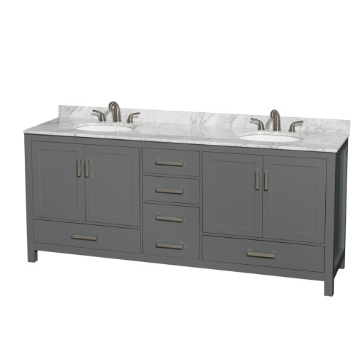 Wyndham WCS141480DKGCMUNOMXX Sheffield 80 Inch Double Bathroom Vanity in Dark Gray, White Carrara Marble Countertop, Undermount Oval Sinks, and No Mirror