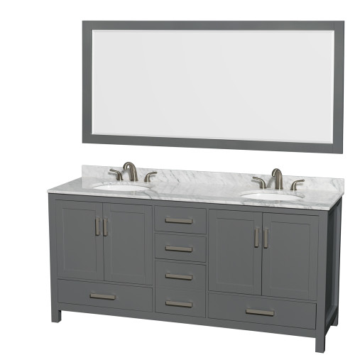 Wyndham WCS141472DKGCMUNOM70 Sheffield 72 Inch Double Bathroom Vanity in Dark Gray, White Carrara Marble Countertop, Undermount Oval Sinks, and 70 Inch Mirror