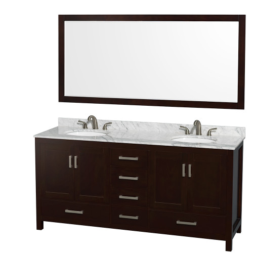 Wyndham WCS141472DESCMUNOM70 Sheffield 72 Inch Double Bathroom Vanity in Espresso, White Carrara Marble Countertop, Undermount Oval Sinks, and 70 Inch Mirror