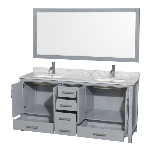 Wyndham WCS141472DGYCMUNSM70 Sheffield 72 Inch Double Bathroom Vanity in Gray, White Carrara Marble Countertop, Undermount Square Sinks, and 70 Inch Mirror