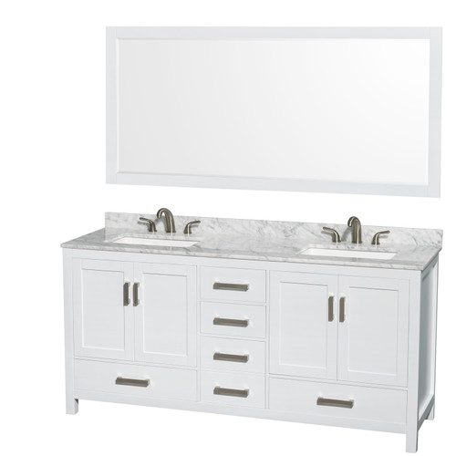 Wyndham WCS141472DWHCMUS3M70 Sheffield 72 Inch Double Bathroom Vanity in White, White Carrara Marble Countertop, Undermount 3-Hole Square Sinks, 70 Inch Mirror