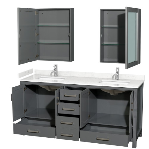 Wyndham WCS141472DKGC2UNSMED Sheffield 72 Inch Double Bathroom Vanity in Dark Gray, Carrara Cultured Marble Countertop, Undermount Square Sinks, Medicine Cabinets