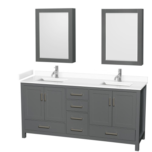 Wyndham WCS141472DKGWCUNSMED Sheffield 72 Inch Double Bathroom Vanity in Dark Gray, White Cultured Marble Countertop, Undermount Square Sinks, Medicine Cabinets