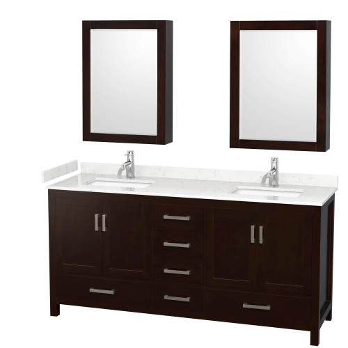 Wyndham WCS141472DESC2UNSMED Sheffield 72 Inch Double Bathroom Vanity in Espresso, Carrara Cultured Marble Countertop, Undermount Square Sinks, Medicine Cabinets