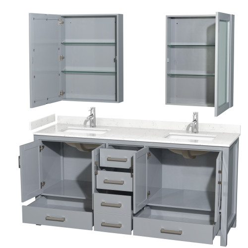 Wyndham WCS141472DGYC2UNSMED Sheffield 72 Inch Double Bathroom Vanity in Gray, Carrara Cultured Marble Countertop, Undermount Square Sinks, Medicine Cabinets