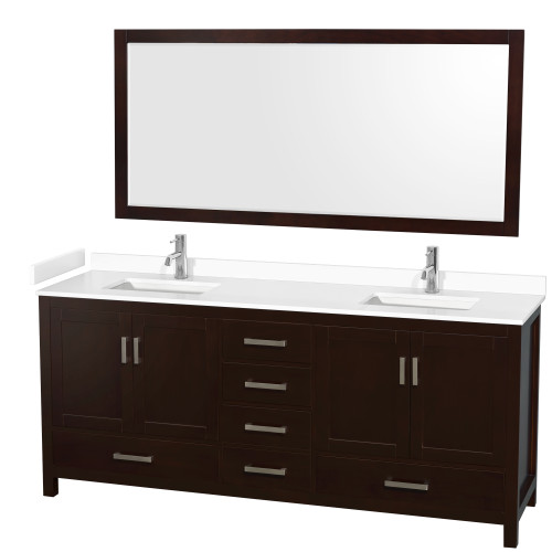 Wyndham WCS141480DESWCUNSM70 Sheffield 80 Inch Double Bathroom Vanity in Espresso, White Cultured Marble Countertop, Undermount Square Sinks, 70 Inch Mirror