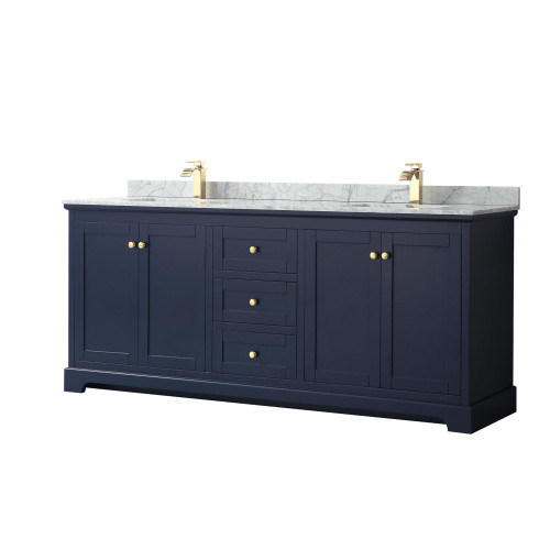 Wyndham WCV232380DBLCMUNSMXX Avery 80 Inch Double Bathroom Vanity in Dark Blue, White Carrara Marble Countertop, Undermount Square Sinks, and No Mirror