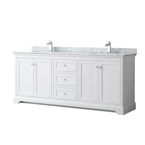 Wyndham WCV232380DWHCMUNSMXX Avery 80 Inch Double Bathroom Vanity in White, White Carrara Marble Countertop, Undermount Square Sinks, and No Mirror