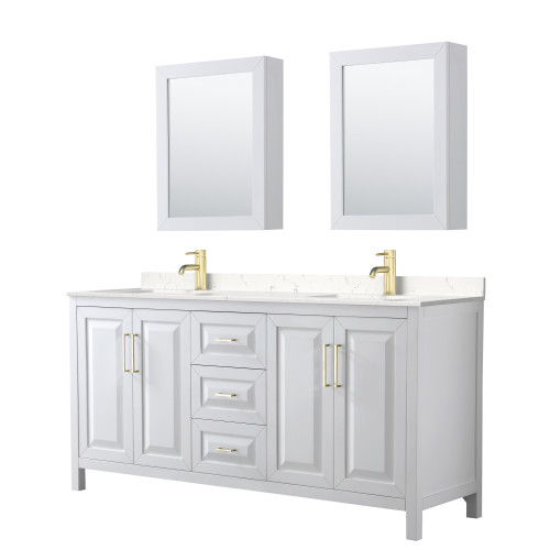 Wyndham WCV252572DWGC2UNSMED Daria 72 Inch Double Bathroom Vanity in White, Light-Vein Carrara Cultured Marble Countertop, Undermount Square Sinks, Medicine Cabinets, Brushed Gold Trim