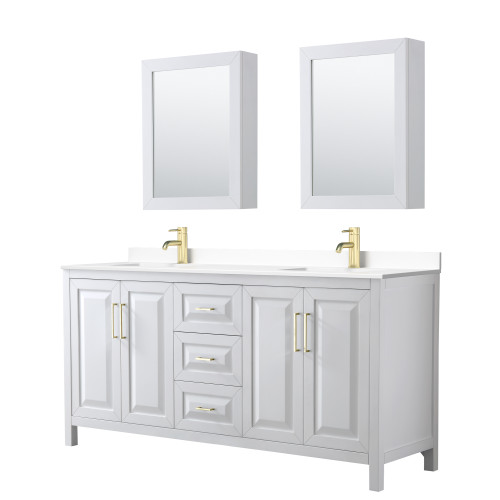 Wyndham WCV252572DWGWCUNSMED Daria 72 Inch Double Bathroom Vanity in White, White Cultured Marble Countertop, Undermount Square Sinks, Medicine Cabinets, Brushed Gold Trim