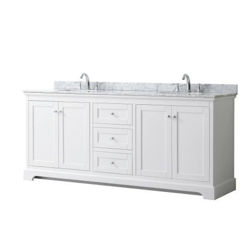 Wyndham WCV232380DWHCMUNOMXX Avery 80 Inch Double Bathroom Vanity in White, White Carrara Marble Countertop, Undermount Oval Sinks, and No Mirror