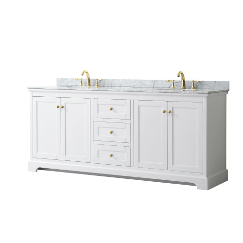 Wyndham WCV232380DWGCMUNOMXX Avery 80 Inch Double Bathroom Vanity in White, White Carrara Marble Countertop, Undermount Oval Sinks, Brushed Gold Trim