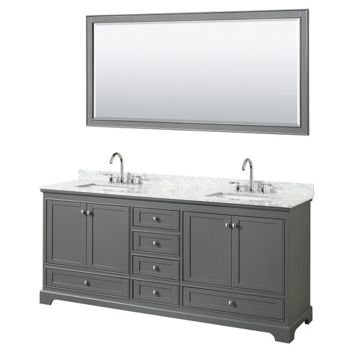 Wyndham WCS202080DKGCMUNSM70 Deborah 80 Inch Double Bathroom Vanity in Dark Gray, White Carrara Marble Countertop, Undermount Square Sinks, and 70 Inch Mirror