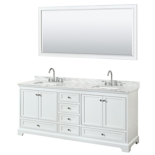 Wyndham WCS202080DWHCMUNSM70 Deborah 80 Inch Double Bathroom Vanity in White, White Carrara Marble Countertop, Undermount Square Sinks, and 70 Inch Mirror
