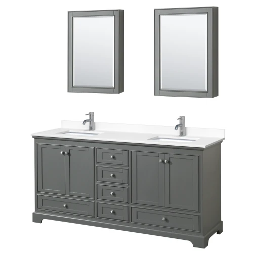 Wyndham WCS202072DKGWCUNSMED Deborah 72 Inch Double Bathroom Vanity in Dark Gray, White Cultured Marble Countertop, Undermount Square Sinks, Medicine Cabinets