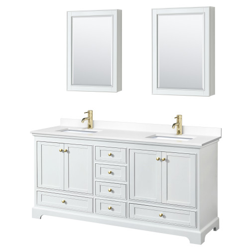 Wyndham WCS202072DWGWCUNSMED Deborah 72 Inch Double Bathroom Vanity in White, White Cultured Marble Countertop, Undermount Square Sinks, Brushed Gold Trim, Medicine Cabinets