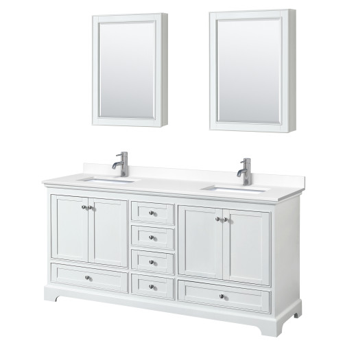 Wyndham WCS202072DWHWCUNSMED Deborah 72 Inch Double Bathroom Vanity in White, White Cultured Marble Countertop, Undermount Square Sinks, Medicine Cabinets
