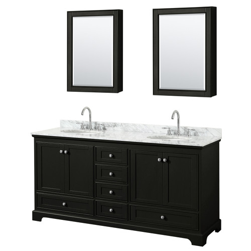 Wyndham WCS202072DDECMUNOMED Deborah 72 Inch Double Bathroom Vanity in Dark Espresso, White Carrara Marble Countertop, Undermount Oval Sinks, and Medicine Cabinets