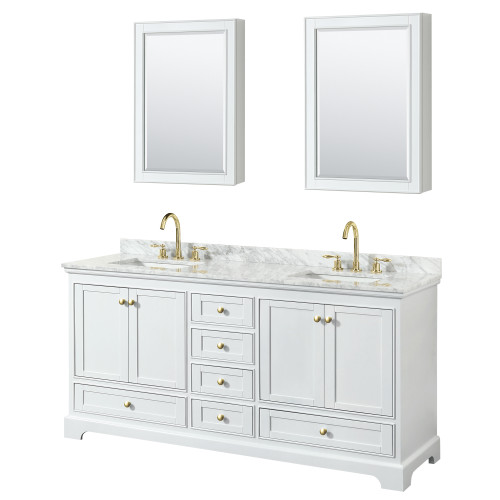 Wyndham WCS202072DWGCMUNSMED Deborah 72 Inch Double Bathroom Vanity in White, White Carrara Marble Countertop, Undermount Square Sinks, Brushed Gold Trim, Medicine Cabinets