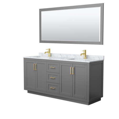 Wyndham WCF292972DGGCMUNSM70 Miranda 72 Inch Double Bathroom Vanity in Dark Gray, White Carrara Marble Countertop, Undermount Square Sinks, Brushed Gold Trim, 70 Inch Mirror
