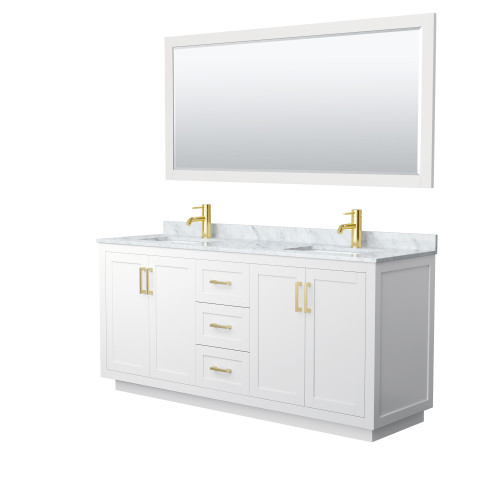 Wyndham WCF292972DWGCMUNSM70 Miranda 72 Inch Double Bathroom Vanity in White, White Carrara Marble Countertop, Undermount Square Sinks, Brushed Gold Trim, 70 Inch Mirror