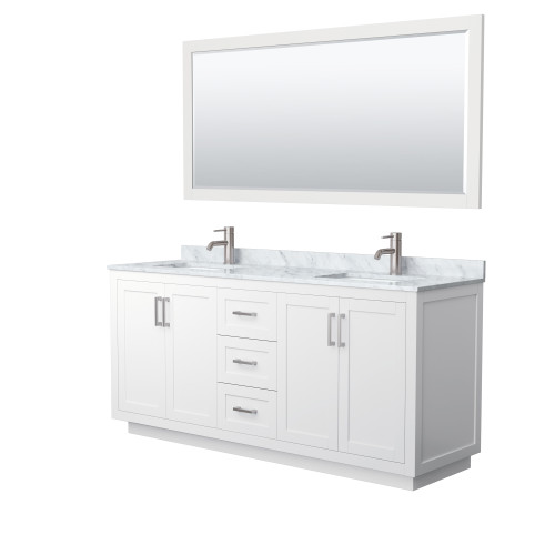 Wyndham WCF292972DWHCMUNSM70 Miranda 72 Inch Double Bathroom Vanity in White, White Carrara Marble Countertop, Undermount Square Sinks, Brushed Nickel Trim, 70 Inch Mirror