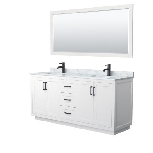 Wyndham WCF292972DWBCMUNSM70 Miranda 72 Inch Double Bathroom Vanity in White, White Carrara Marble Countertop, Undermount Square Sinks, Matte Black Trim, 70 Inch Mirror