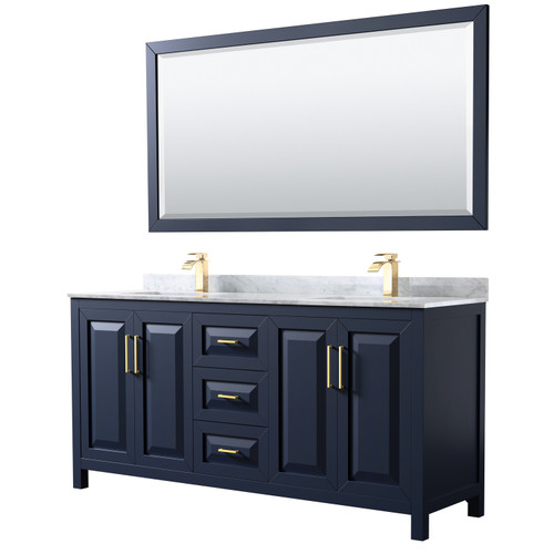 Wyndham WCV252572DBLCMUNSM70 Daria 72 Inch Double Bathroom Vanity in Dark Blue, White Carrara Marble Countertop, Undermount Square Sinks, 70 Inch Mirror