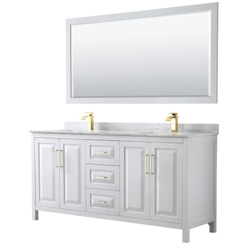 Wyndham WCV252572DWGCMUNSM70 Daria 72 Inch Double Bathroom Vanity in White, White Carrara Marble Countertop, Undermount Square Sinks, 70 Inch Mirror, Brushed Gold Trim