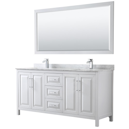 Wyndham WCV252572DWHCMUNSM70 Daria 72 Inch Double Bathroom Vanity in White, White Carrara Marble Countertop, Undermount Square Sinks, and 70 Inch Mirror