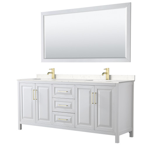 Wyndham WCV252580DWGC2UNSM70 Daria 80 Inch Double Bathroom Vanity in White, Light-Vein Carrara Cultured Marble Countertop, Undermount Square Sinks, 70 Inch Mirror, Brushed Gold Trim