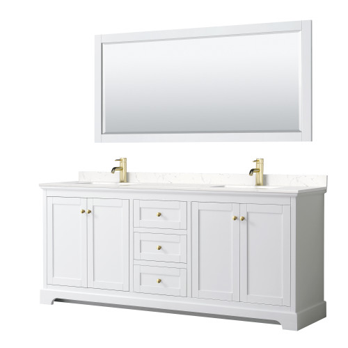 Wyndham WCV232380DWGC2UNSM70 Avery 80 Inch Double Bathroom Vanity in White, Light-Vein Carrara Cultured Marble Countertop, Undermount Square Sinks, 70 Inch Mirror, Brushed Gold Trim