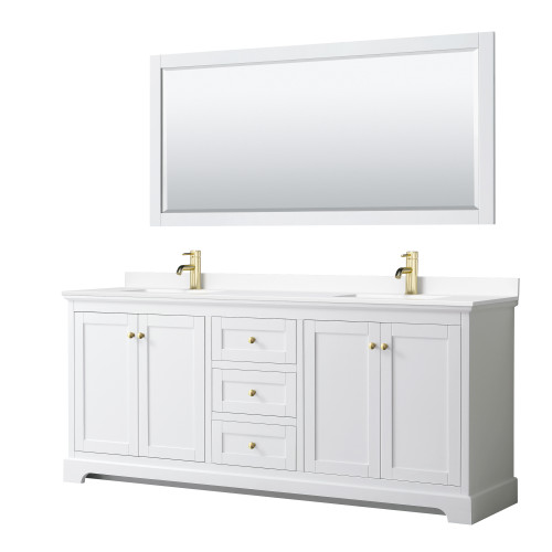 Wyndham WCV232380DWGWCUNSM70 Avery 80 Inch Double Bathroom Vanity in White, White Cultured Marble Countertop, Undermount Square Sinks, 70 Inch Mirror, Brushed Gold Trim