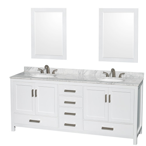 Wyndham WCS141480DWHCMUNOM24 Sheffield 80 Inch Double Bathroom Vanity in White, White Carrara Marble Countertop, Undermount Oval Sinks, and 24 Inch Mirrors