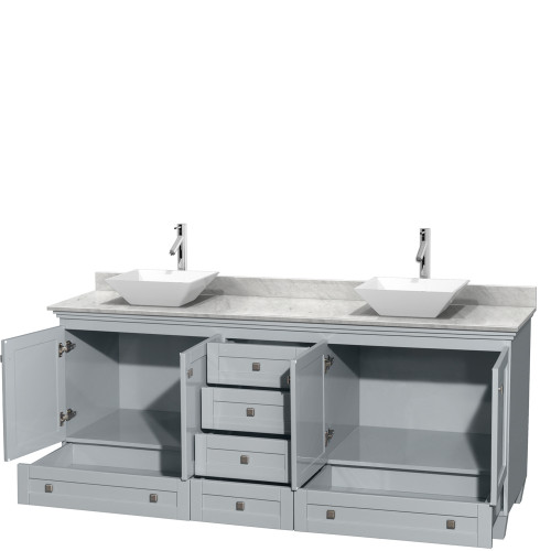 Wyndham WCV800080DOYCMD2WMXX Acclaim 80 Inch Double Bathroom Vanity in Oyster Gray, White Carrara Marble Countertop, Pyra White Porcelain Sinks, and No Mirrors
