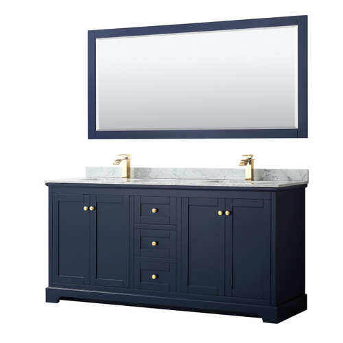 Wyndham WCV232372DBLCMUNSM70 Avery 72 Inch Double Bathroom Vanity in Dark Blue, White Carrara Marble Countertop, Undermount Square Sinks, and 70 Inch Mirror