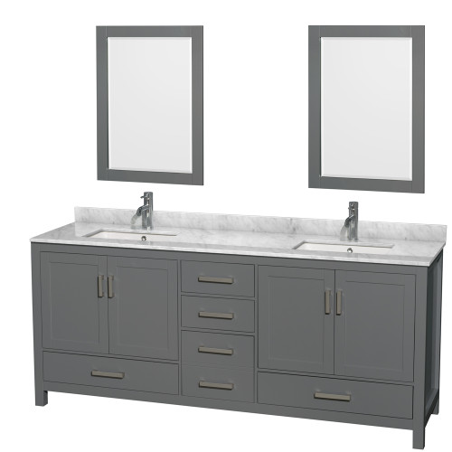 Wyndham WCS141480DKGCMUNSM24 Sheffield 80 Inch Double Bathroom Vanity in Dark Gray, White Carrara Marble Countertop, Undermount Square Sinks, and 24 Inch Mirrors
