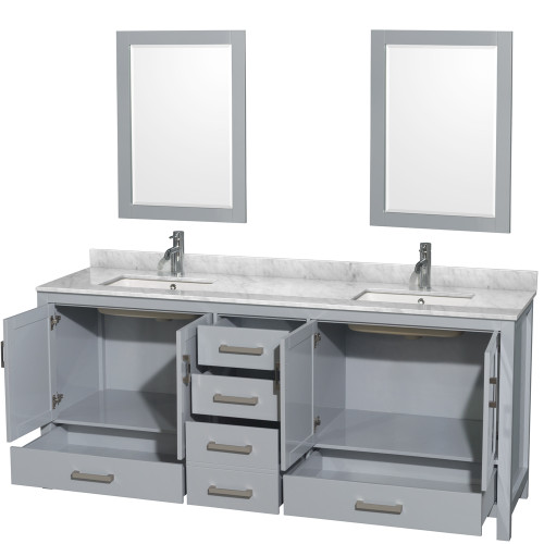 Wyndham WCS141480DGYCMUNSM24 Sheffield 80 Inch Double Bathroom Vanity in Gray, White Carrara Marble Countertop, Undermount Square Sinks, and 24 Inch Mirrors