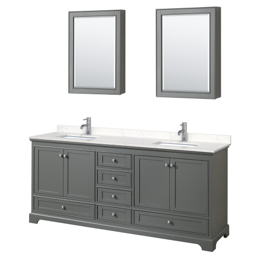 Wyndham WCS202080DKGC2UNSMED Deborah 80 Inch Double Bathroom Vanity in Dark Gray, Light-Vein Carrara Cultured Marble Countertop, Undermount Square Sinks, Medicine Cabinets