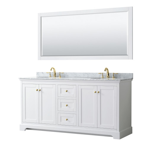 Wyndham WCV232372DWGCMUNOM70 Avery 72 Inch Double Bathroom Vanity in White, White Carrara Marble Countertop, Undermount Oval Sinks, 70 Inch Mirror, Brushed Gold Trim