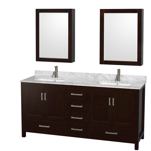 Wyndham WCS141472DESCMUNSMED Sheffield 72 Inch Double Bathroom Vanity in Espresso, White Carrara Marble Countertop, Undermount Square Sinks, and Medicine Cabinets