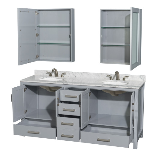 Wyndham WCS141472DGYCMUNOMED Sheffield 72 Inch Double Bathroom Vanity in Gray, White Carrara Marble Countertop, Undermount Oval Sinks, and Medicine Cabinets