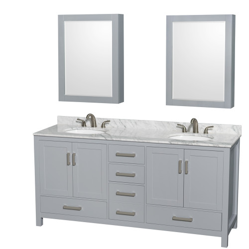 Wyndham WCS141472DGYCMUNOMED Sheffield 72 Inch Double Bathroom Vanity in Gray, White Carrara Marble Countertop, Undermount Oval Sinks, and Medicine Cabinets
