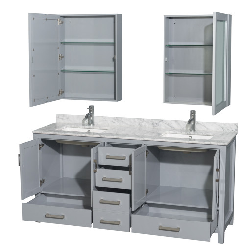 Wyndham WCS141472DGYCMUNSMED Sheffield 72 Inch Double Bathroom Vanity in Gray, White Carrara Marble Countertop, Undermount Square Sinks, and Medicine Cabinets