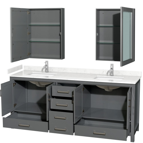 Wyndham WCS141480DKGC2UNSMED Sheffield 80 Inch Double Bathroom Vanity in Dark Gray, Carrara Cultured Marble Countertop, Undermount Square Sinks, Medicine Cabinets